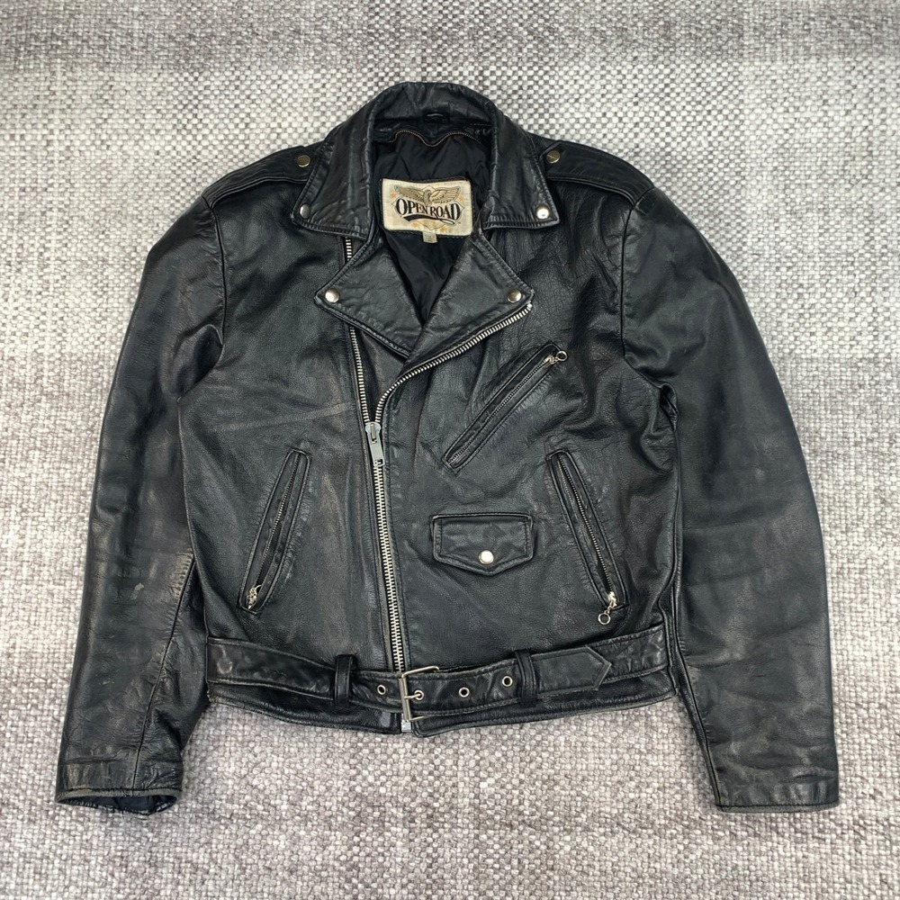 Open Road Vintage Black Leather Motorcycle Biker Jacket Belted Size 40 Mens